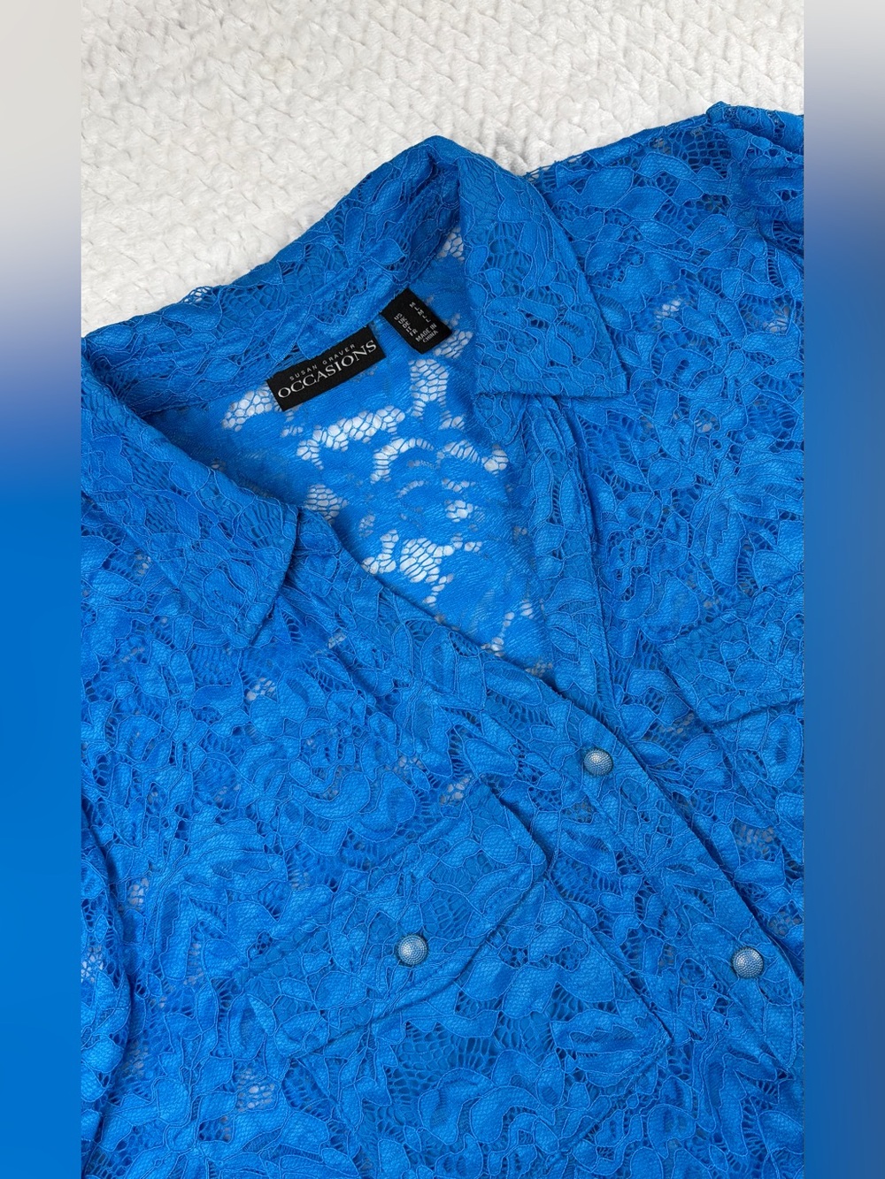 Susan Graver Occasions Blue Lace Button Down Blouse Top Ruffle Sleeve Pocket M